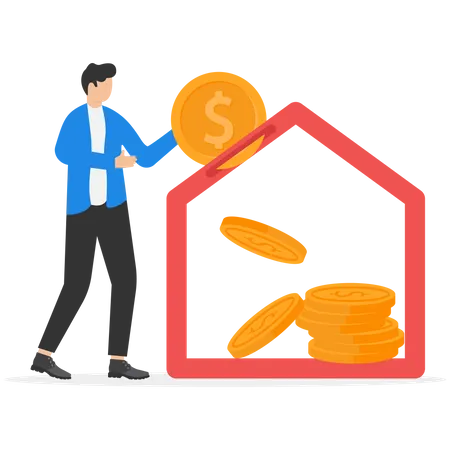 Businessmen Putting A Coin House Bank Money Saving To Loan House Money Saving Investment Flat Vector Illustration Illustration