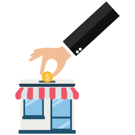 Businessman putting a dollar coin into a shop  Illustration