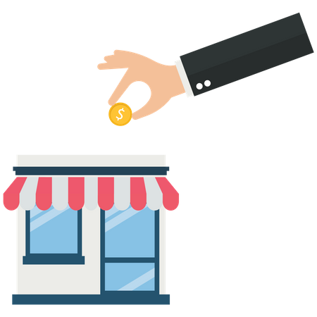 Businessman putting a Us Dollar coin into a shop  Illustration