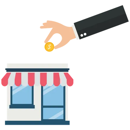 Businessman putting a Us Dollar coin into a shop  Illustration