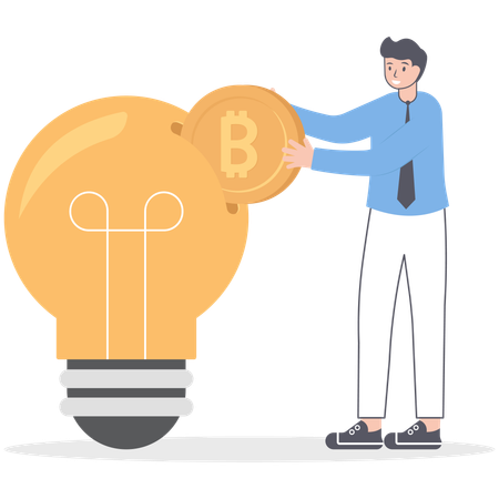 Businessman putting bitcoin into slot in light bulb  Illustration