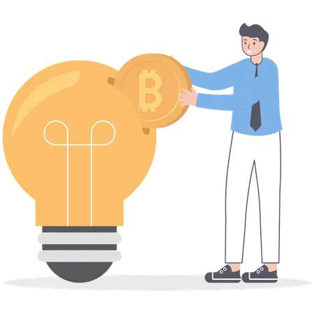 Businessman putting bitcoin into slot in light bulb  Illustration