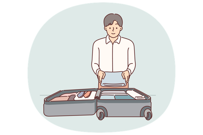 Businessman putting clothes in suitcase on wheels going on official trip to sign important contract  Illustration
