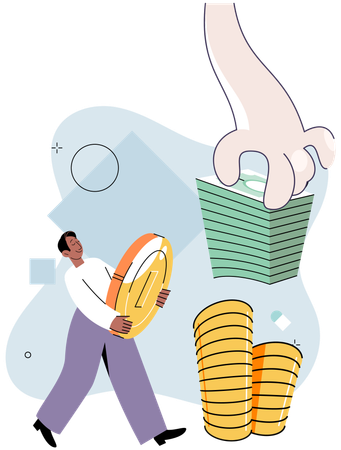 Businessman putting coins and bills in pile in human hand  Illustration