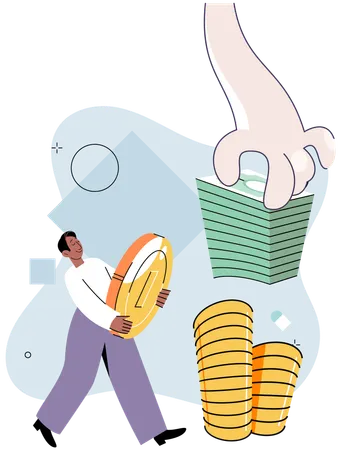 Businessman putting coins and bills in pile in human hand  Illustration