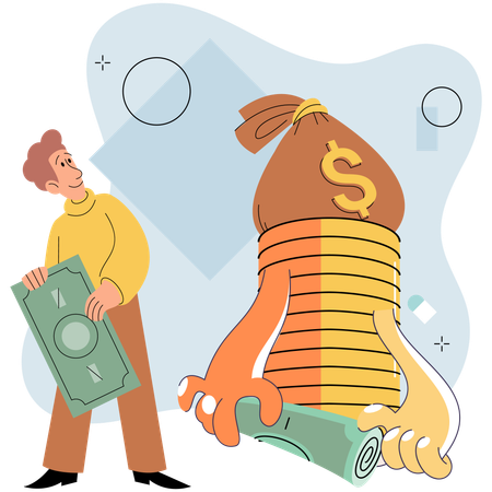 Businessman putting coins in money bag  Illustration