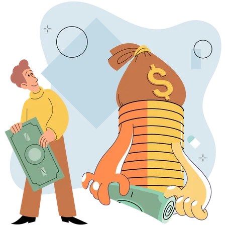 Businessman putting coins in money bag  Illustration