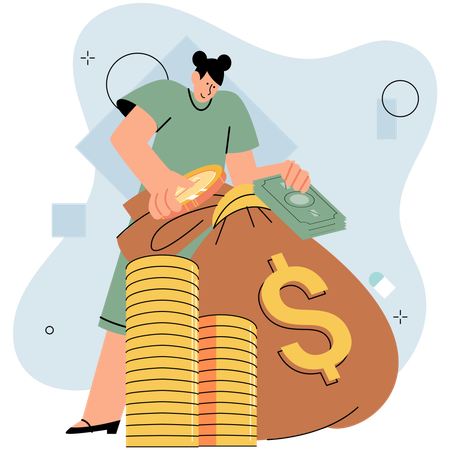 Businessman putting coins in money bag  Illustration
