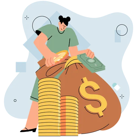 Businessman putting coins in money bag  Illustration