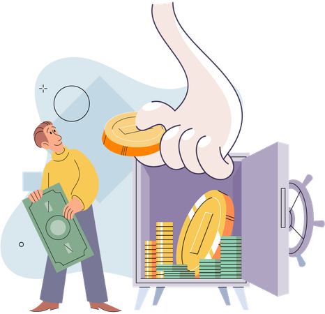 Businessman putting coins in secret metal safe  Illustration