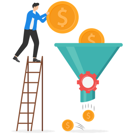 Businessman putting dollar coin in funnel  イラスト