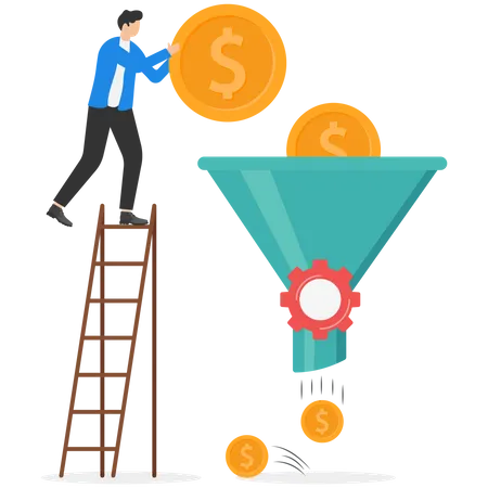 Businessman putting dollar coin in funnel  イラスト