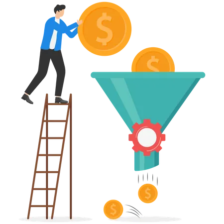 Businessman putting dollar coin in funnel  Illustration