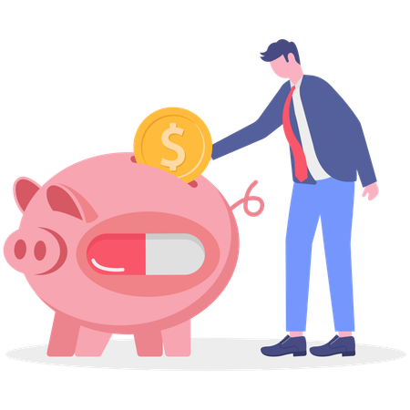 Businessman putting dollar in piggy bank for health  Illustration