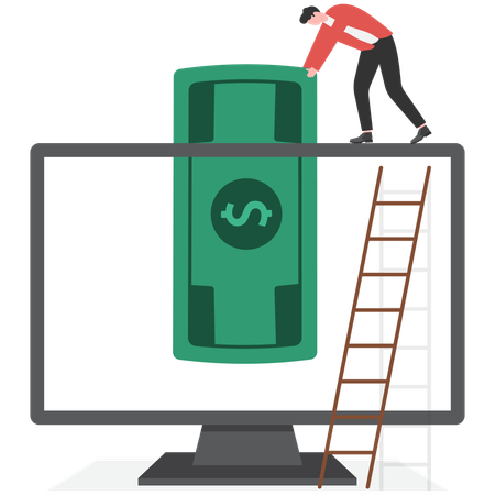 Businessman putting Dollar note in computer  Illustration