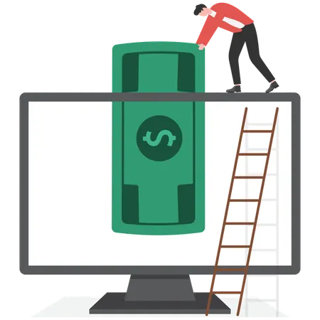 Businessman putting Dollar note in computer  Illustration