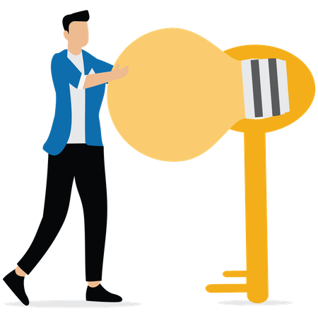Businessman putting idea lamp into key  Illustration