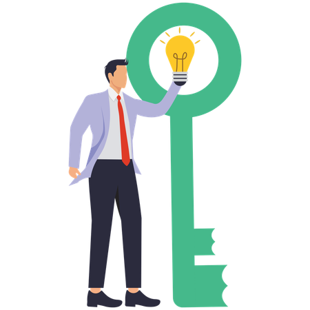 Businessman putting idea lamp into key  Illustration