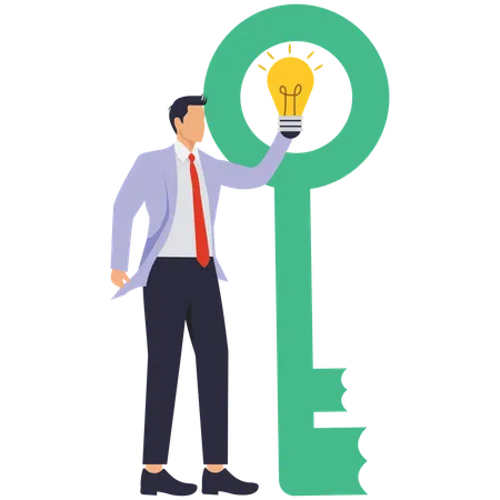 Businessman putting idea lamp into key  Illustration
