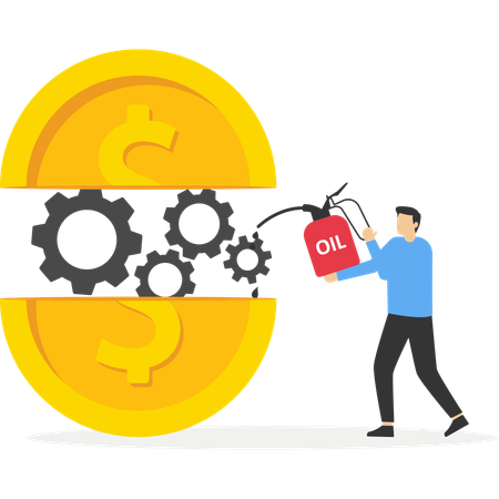 Businessman putting lubricant oil on machine gear of opening money dollar coin  Illustration