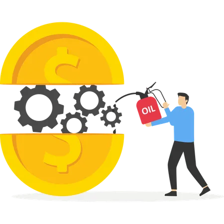 Businessman putting lubricant oil on machine gear of opening money dollar coin  Illustration