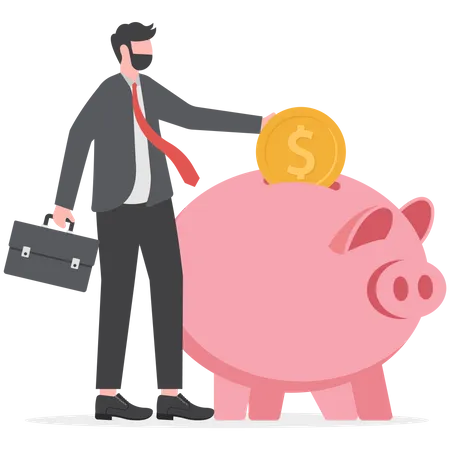 Businessman putting money in piggy bank  Illustration