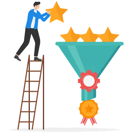 Businessman putting stars in funnel getting  winning medal  Illustration