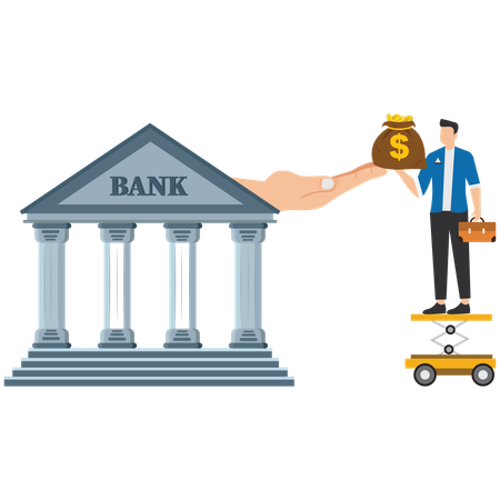 Businessman putting their money bags on top of bank outstretched hand  Illustration