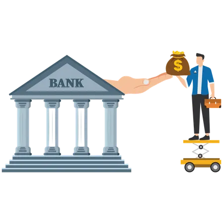 Businessman putting their money bags on top of bank outstretched hand  Illustration