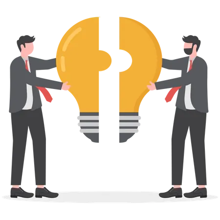 Business Metaphor Of A Joint Venture Partnership Or Teamwork Busines Man Putting Together Light Bulb Shaped Puzzle Illustration