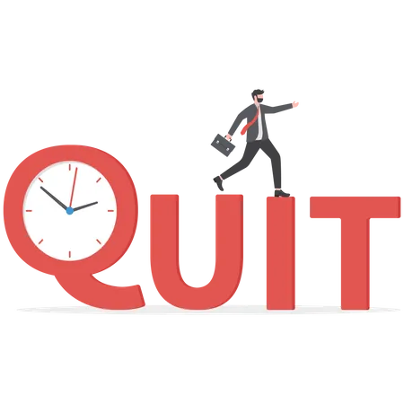 Time To Quit Day Time Job Resign From Full Time Career Leaving Company Or Freedom And Independence From Office Job Concept Happy Businessman Entrepreneur Walking From Alarm Clock With The Word QUIT イラスト