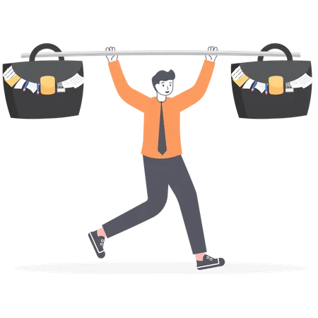 The Manager Or Business Man Raises A Bar Bell With Briefcases Full Of Documents Illustration Vector EPS 10 Illustration