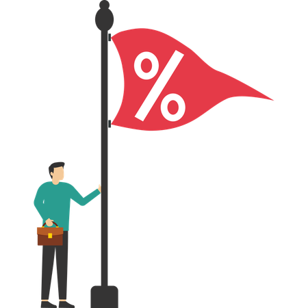 Businessman raises flag with percentage symbol to top of pole  Illustration