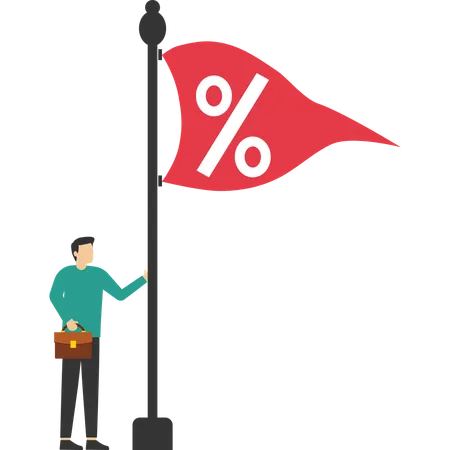 Businessman raises flag with percentage symbol to top of pole  Illustration