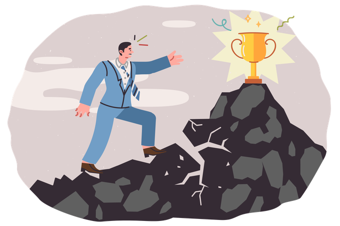 Businessman reaches for trophy and regardless of risk of cliff collapsing and falling down  Illustration