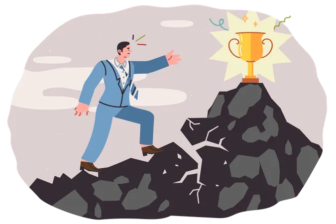 Businessman reaches for trophy and regardless of risk of cliff collapsing and falling down  Illustration