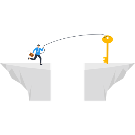 Businessman Reaching for a Golden Key Across a Gap  of Success and Achievement  Illustration