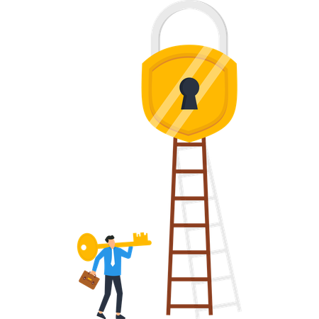 Businessman Reaching Giant Key Unlock Padlock Success Ladder  Illustration