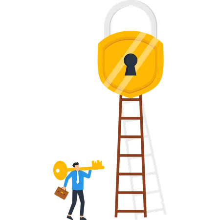 Businessman Reaching Giant Key Unlock Padlock Success Ladder  Illustration
