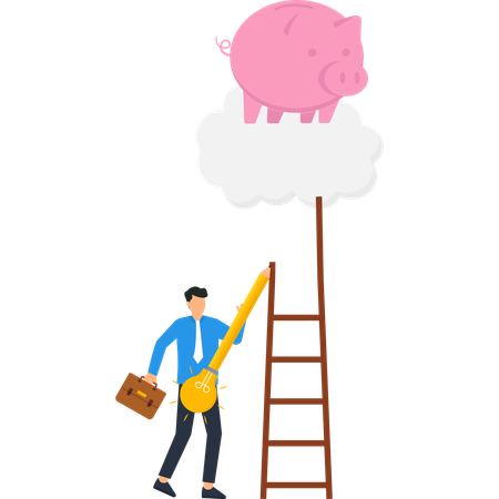Businessman Reaching Piggy Bank on Cloud with Giant Pencil  Illustration
