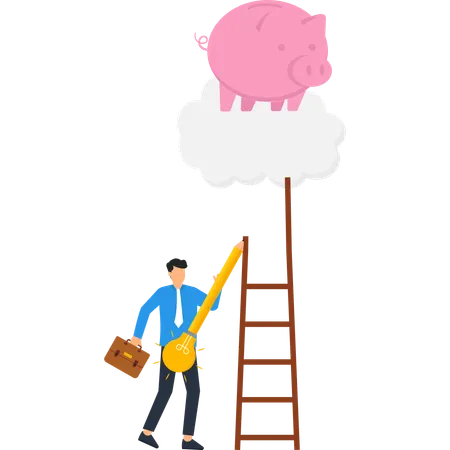 Businessman Reaching Piggy Bank on Cloud with Giant Pencil  Illustration