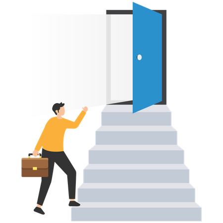 Businessman reaching top of stairway open bright light opportunity door  Illustration