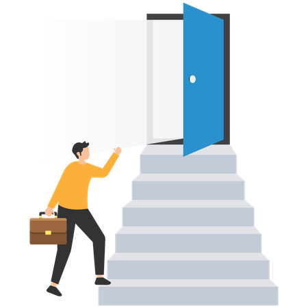 Businessman reaching top of stairway open bright light opportunity door  일러스트레이션