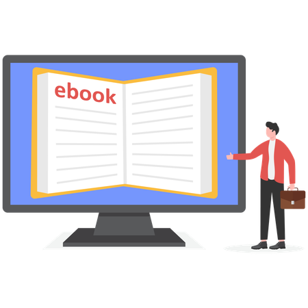 Businessman reading book online on computer  Illustration