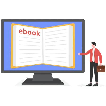 Businessman reading book online on computer  Illustration