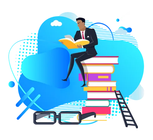 Knowledge Vector Male Reading Book And Sitting On Pile Of Published Information Educational Resources And Material Business Education Glasses And Spectacles Business Illustration