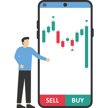 Businessman reading stock market analysis on smartphone  Illustration