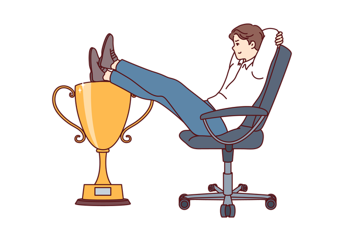 Businessman received leadership cup sits in office chair demonstrating disdain for colleagues  Illustration