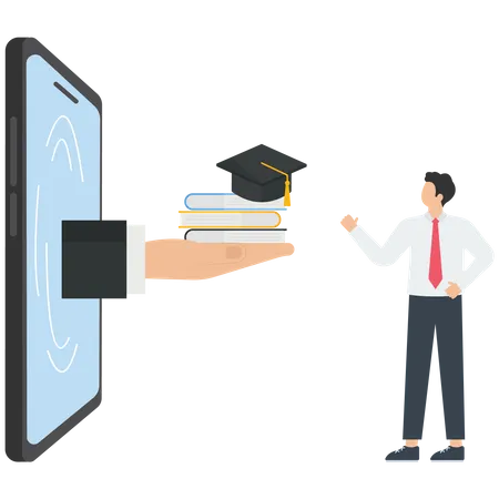 Businessman receives a book and graduation cap from a mobile phone  Illustration