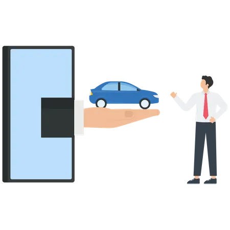 Businessman receives a car from a mobile phone  Illustration